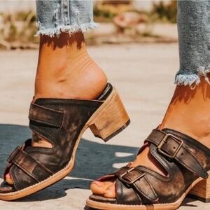 Black FREEBIRD Quincy Leather Mules with Chunky Wooden Heel